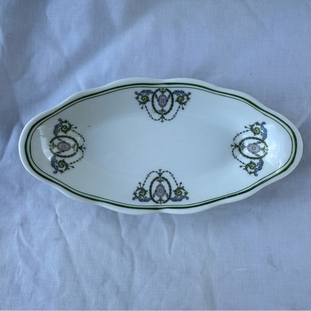 Antique Art Deco Elegant White and Green Oval Serving Dish